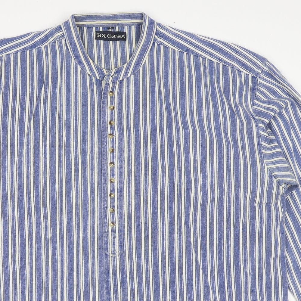 BX Clothing Womens Blue Striped Cotton Basic Button-Up Size L V-Neck