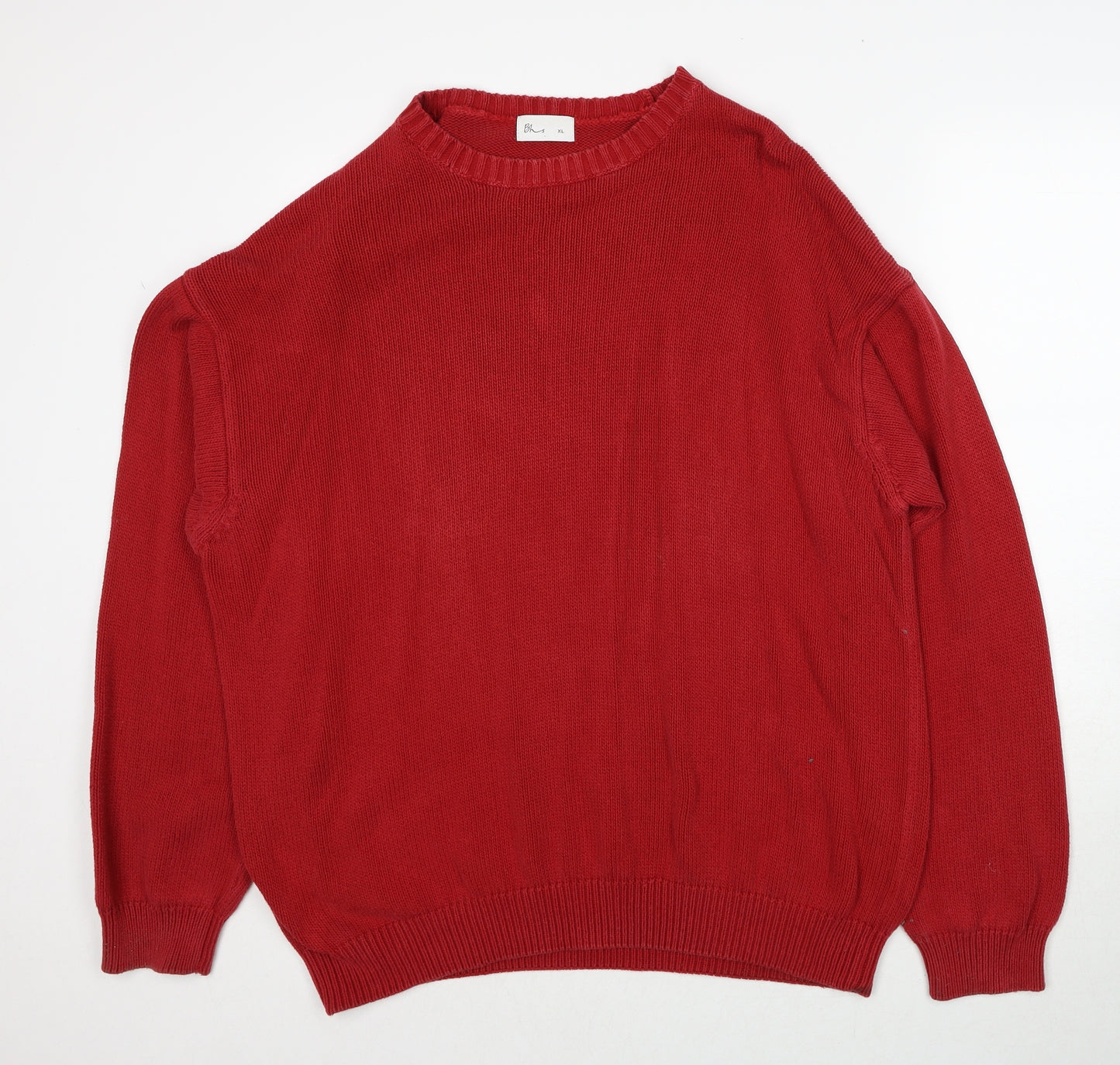 BHS Mens Red Round Neck Cotton Pullover Jumper Size XL Long Sleeve