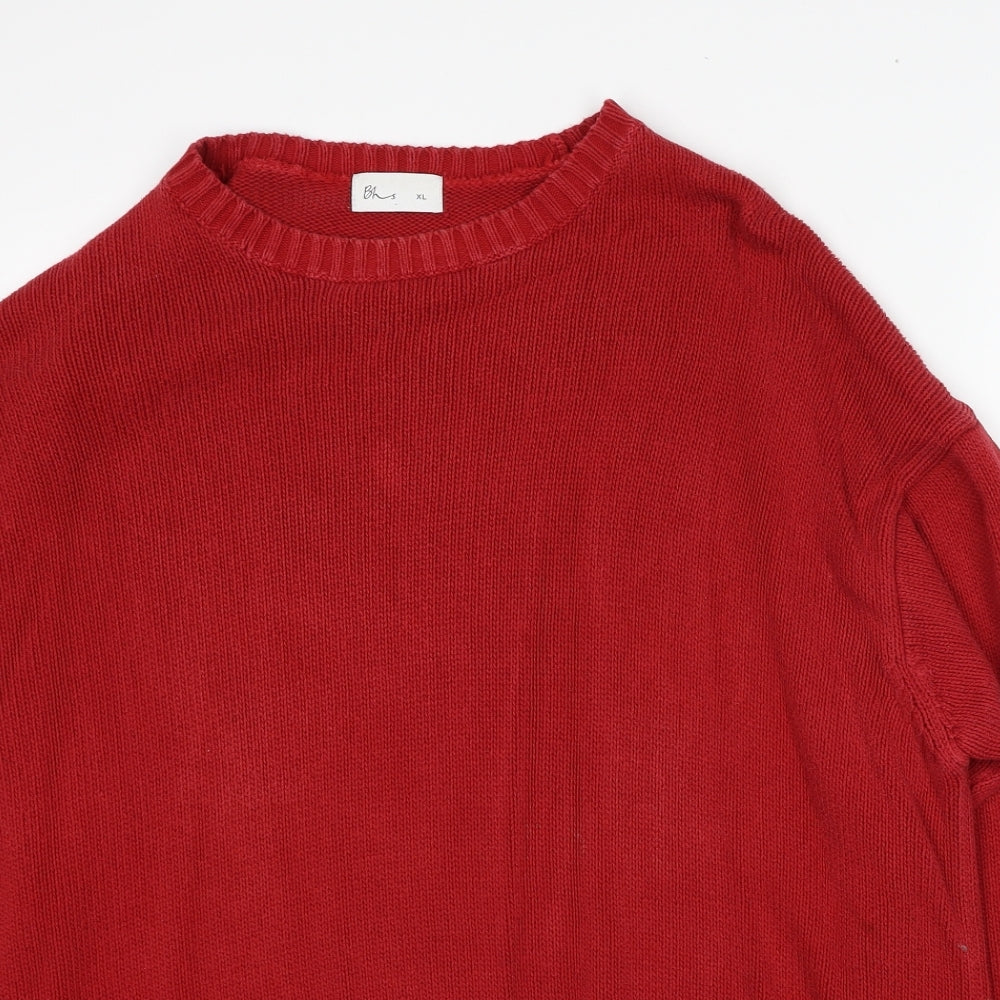 BHS Mens Red Round Neck Cotton Pullover Jumper Size XL Long Sleeve