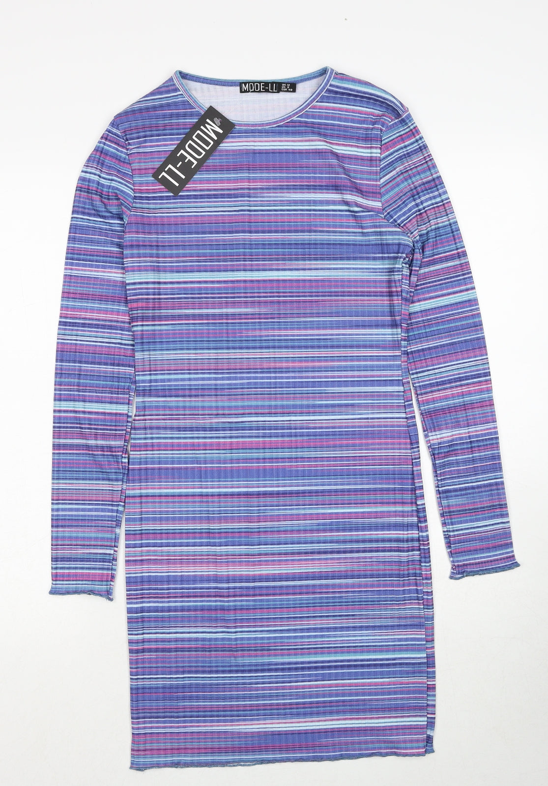 Mode-ll Womens Purple Striped Polyester A-Line Size 12 Round Neck