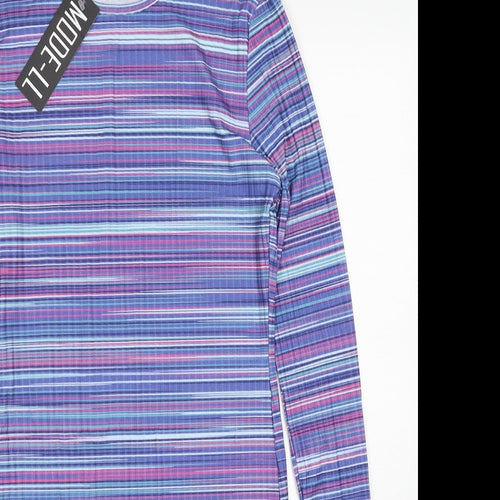 Mode-ll Womens Purple Striped Polyester A-Line Size 12 Round Neck