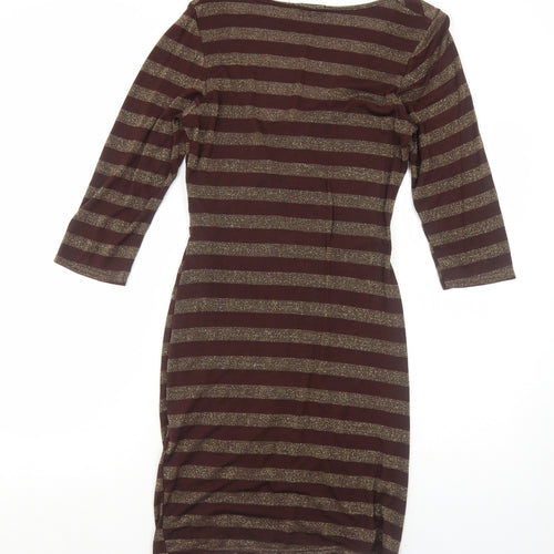 Acme Womens Brown Striped Polyester A-Line Size 10 V-Neck Pullover