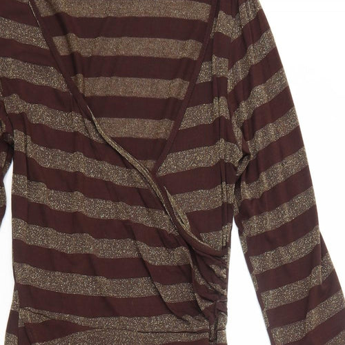 Acme Womens Brown Striped Polyester A-Line Size 10 V-Neck Pullover