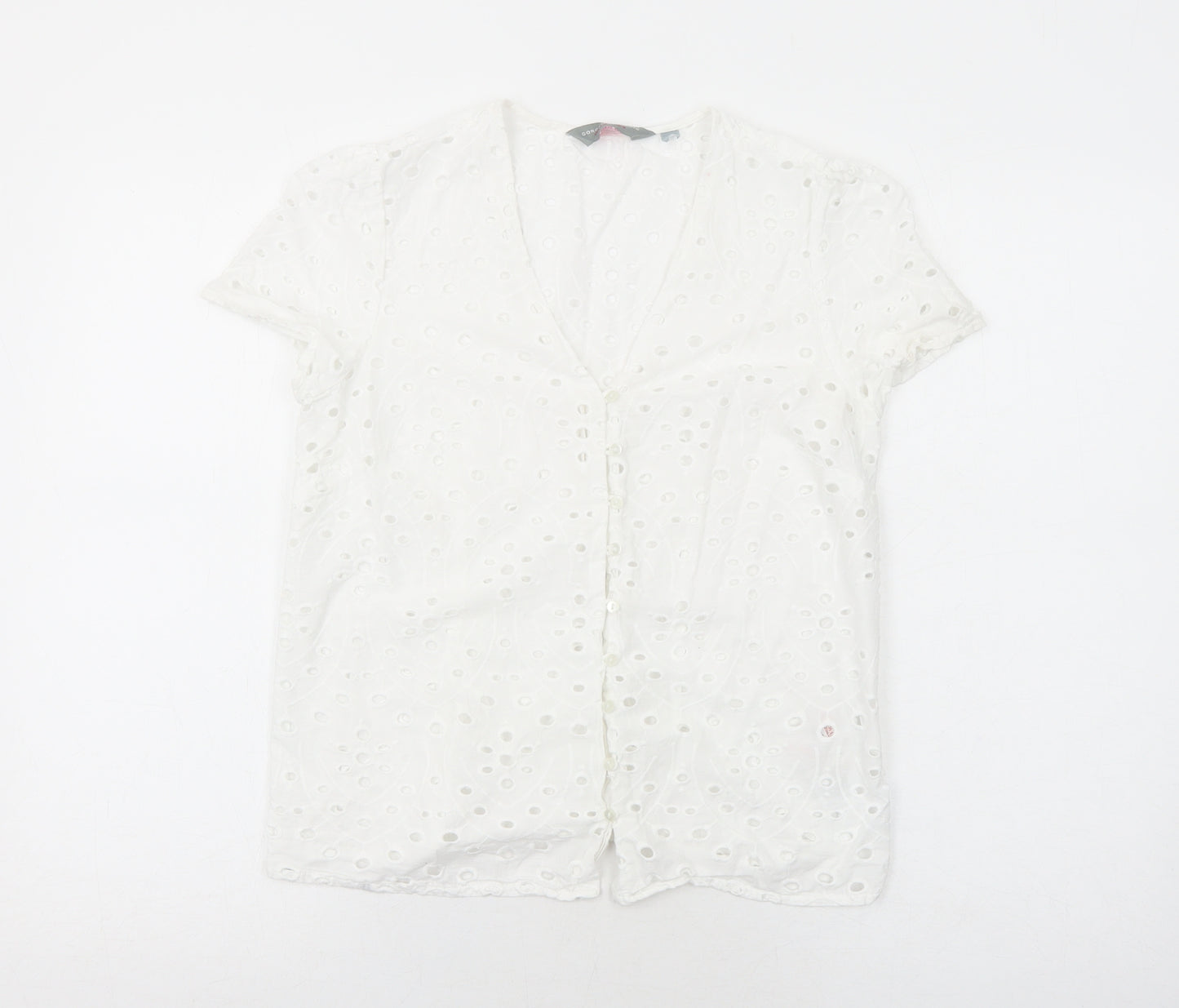 Dorothy Perkins Womens White Geometric Cotton Basic Button-Up Size 10 V-Neck - Broderie Anglaise