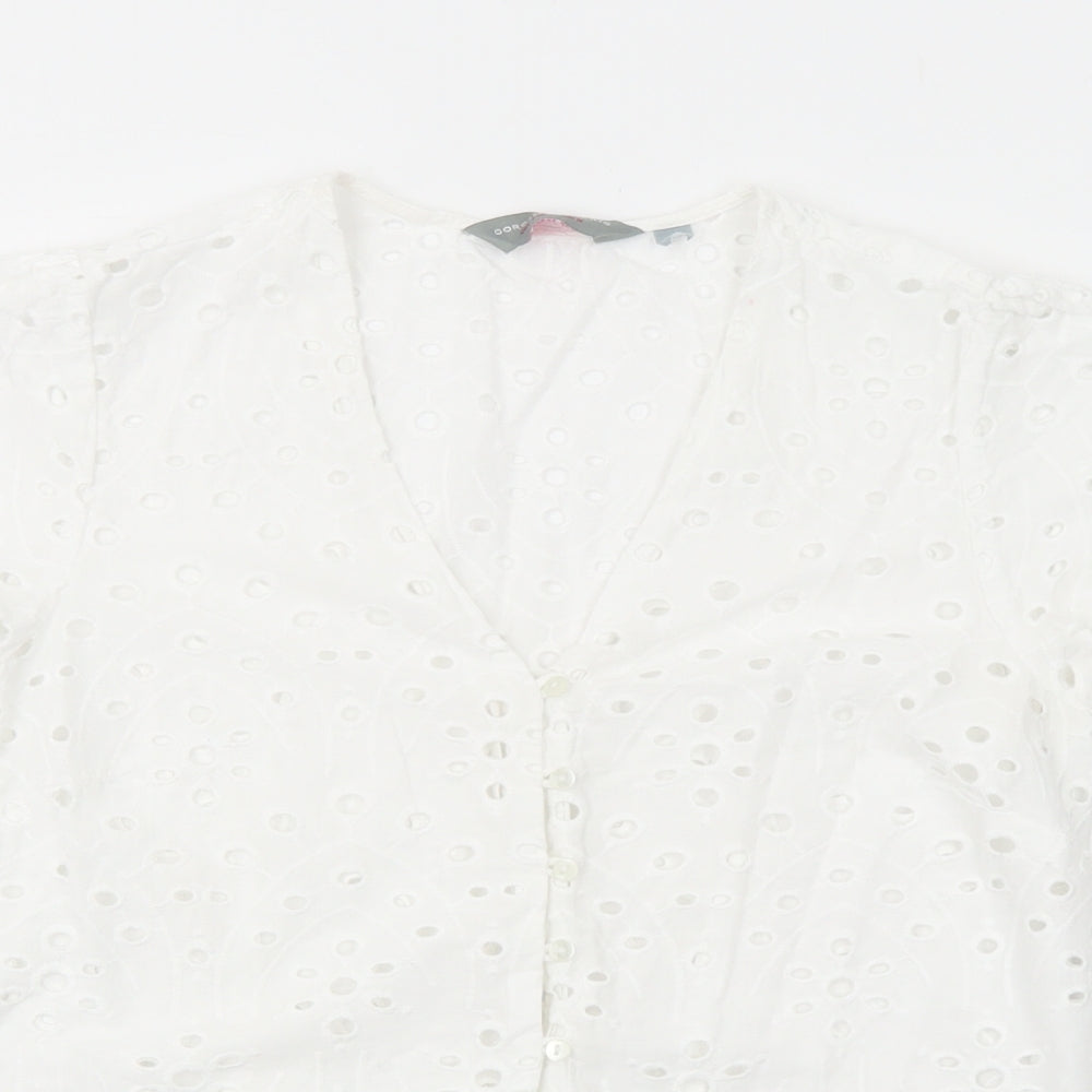 Dorothy Perkins Womens White Geometric Cotton Basic Button-Up Size 10 V-Neck - Broderie Anglaise