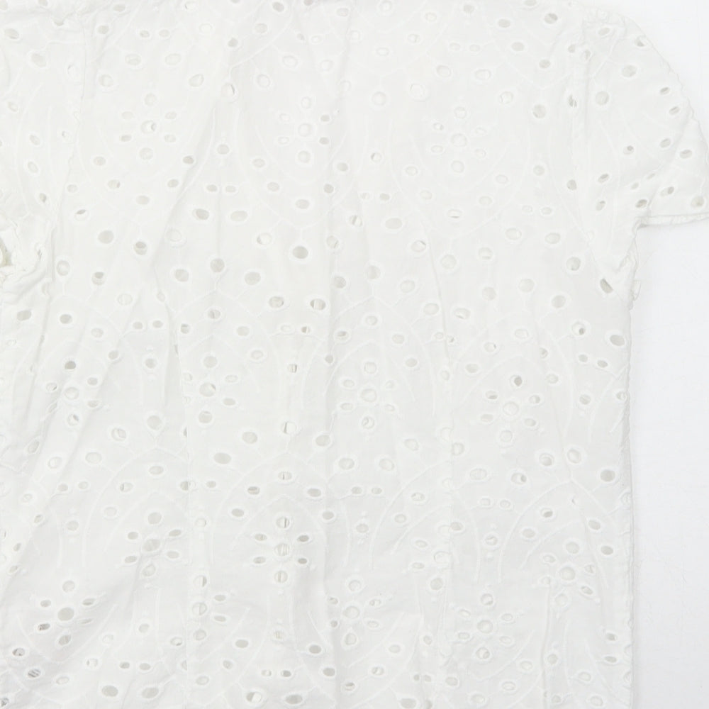 Dorothy Perkins Womens White Geometric Cotton Basic Button-Up Size 10 V-Neck - Broderie Anglaise