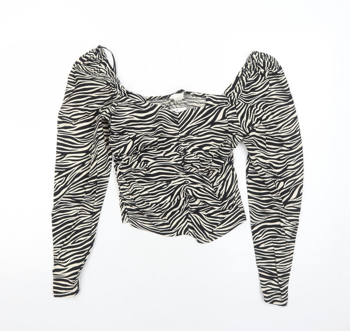H&M Womens Black Animal Print Viscose Basic Blouse Size 8 Square Neck - Tiger Pattern