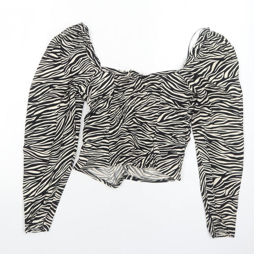H&M Womens Black Animal Print Viscose Basic Blouse Size 8 Square Neck - Tiger Pattern
