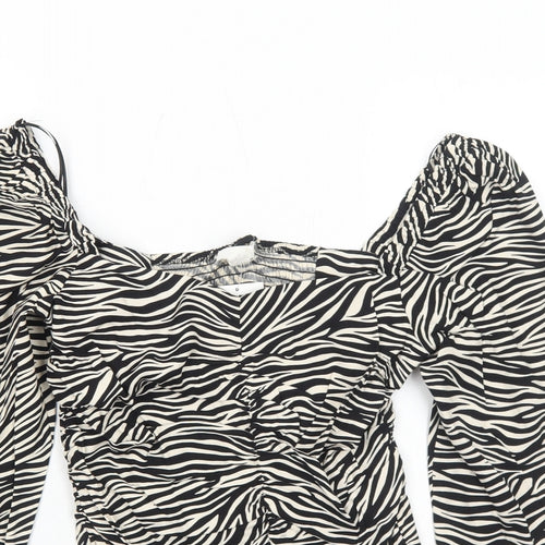 H&M Womens Black Animal Print Viscose Basic Blouse Size 8 Square Neck - Tiger Pattern