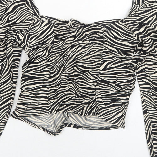 H&M Womens Black Animal Print Viscose Basic Blouse Size 8 Square Neck - Tiger Pattern
