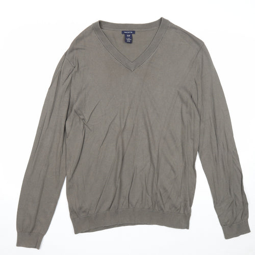 Gap Mens Green V-Neck Cotton Pullover Jumper Size L Long Sleeve