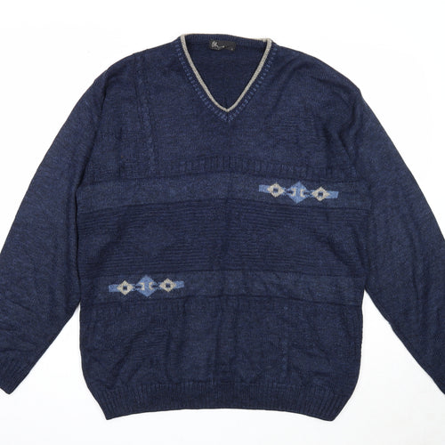 BHS Mens Blue V-Neck Acrylic Pullover Jumper Size S Long Sleeve