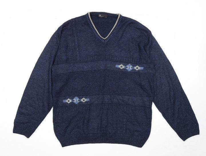 BHS Mens Blue V-Neck Acrylic Pullover Jumper Size S Long Sleeve
