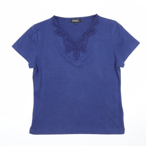 //text.. Womens Blue Polyester Basic T-Shirt Size M V-Neck - Leaf Embroidery