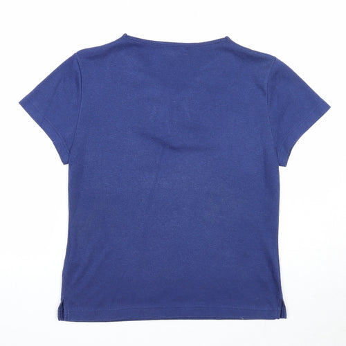 //text.. Womens Blue Polyester Basic T-Shirt Size M V-Neck - Leaf Embroidery
