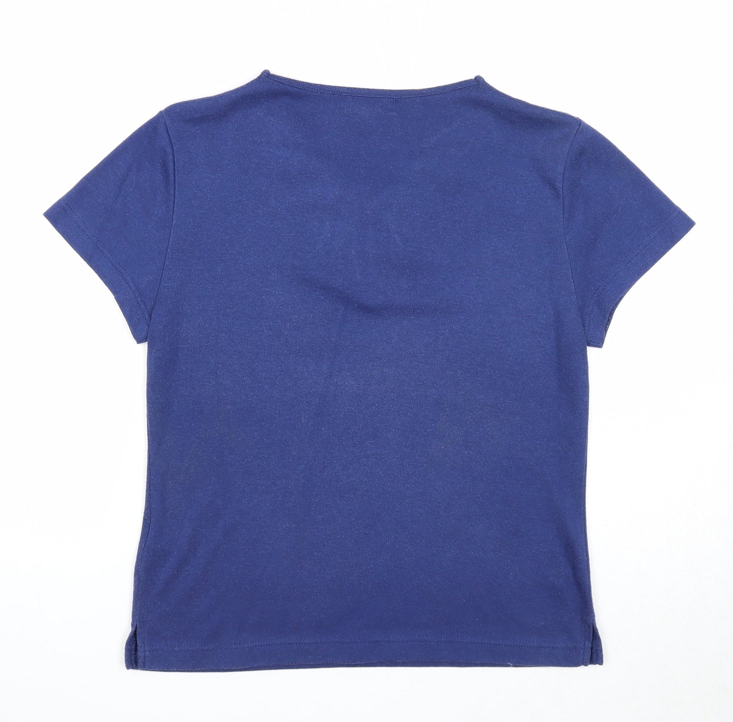 //text.. Womens Blue Polyester Basic T-Shirt Size M V-Neck - Leaf Embroidery