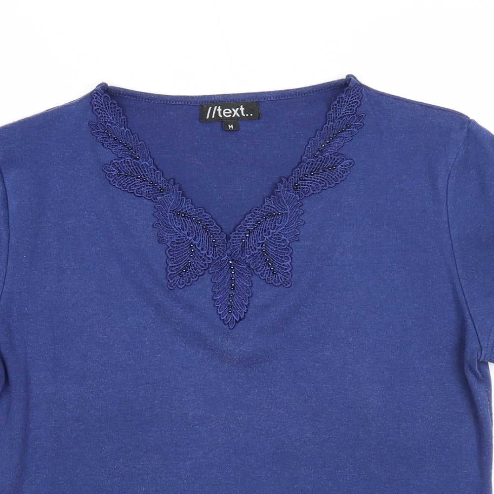 //text.. Womens Blue Polyester Basic T-Shirt Size M V-Neck - Leaf Embroidery