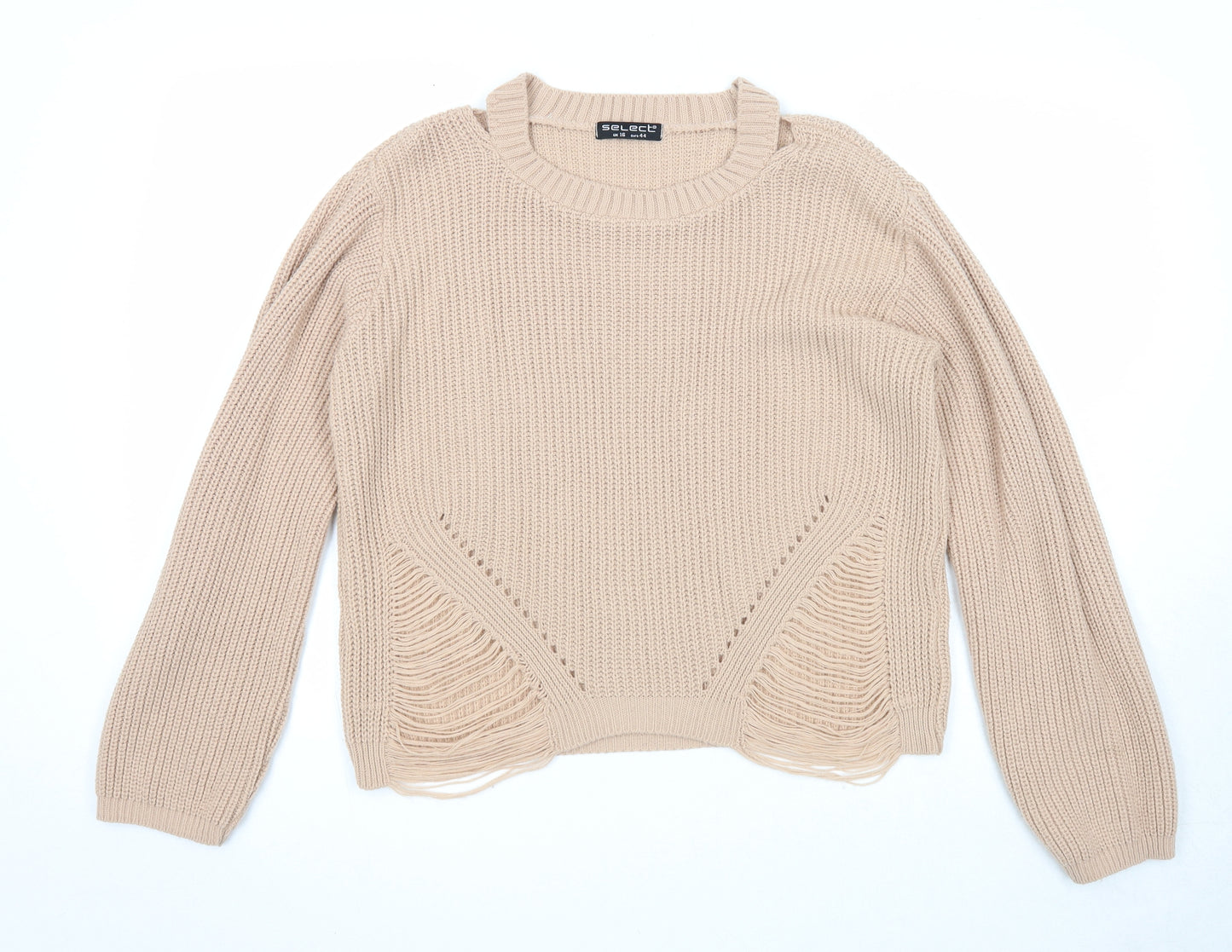 Select Womens Beige Round Neck Acrylic Pullover Jumper Size 16