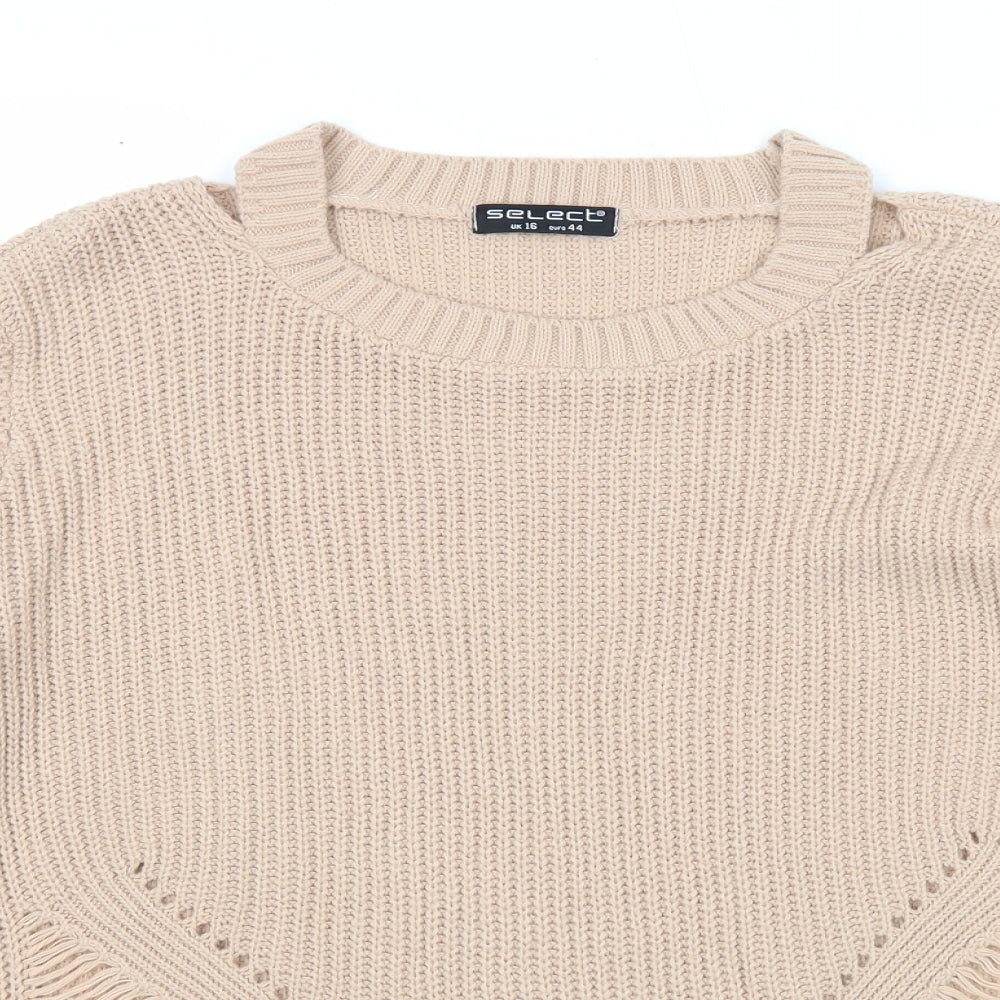 Select Womens Beige Round Neck Acrylic Pullover Jumper Size 16