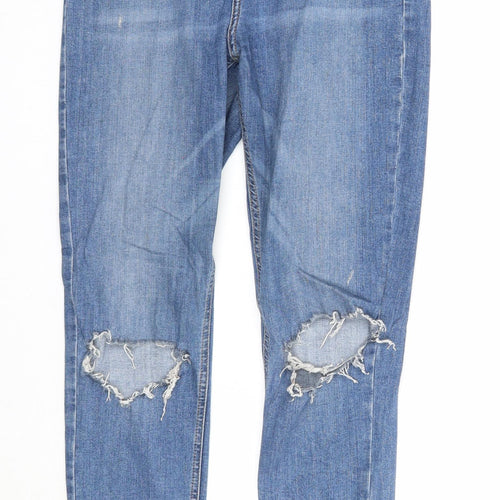 Topshop Womens Blue Herringbone Cotton Straight Jeans Size 30 in L32 in Regular Zip - Distressed