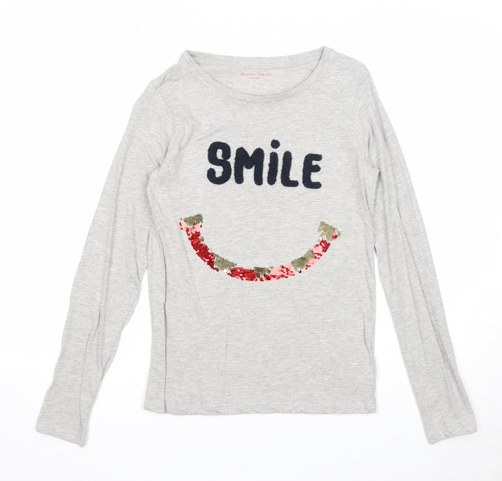 Monoprix Girls Grey Cotton Basic T-Shirt Size 14 Years Round Neck Pullover - Smile