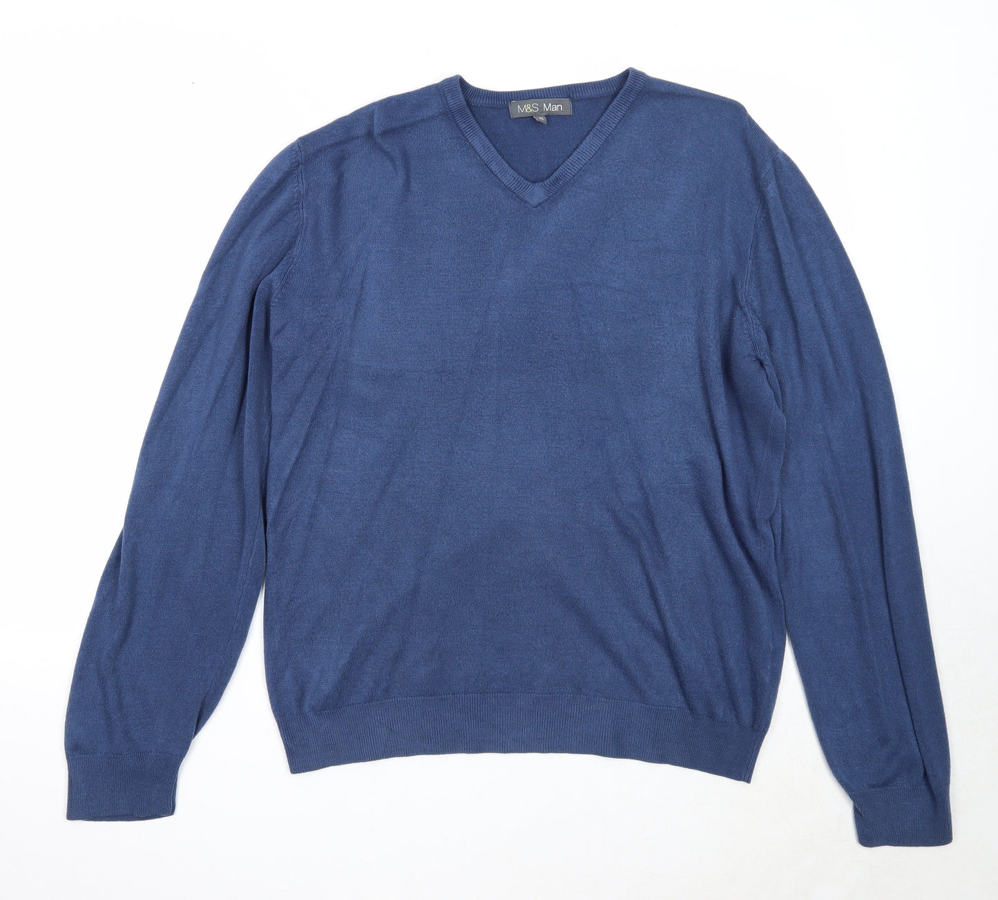 Marks and Spencer Mens Blue V-Neck Acrylic Pullover Jumper Size XL Long Sleeve