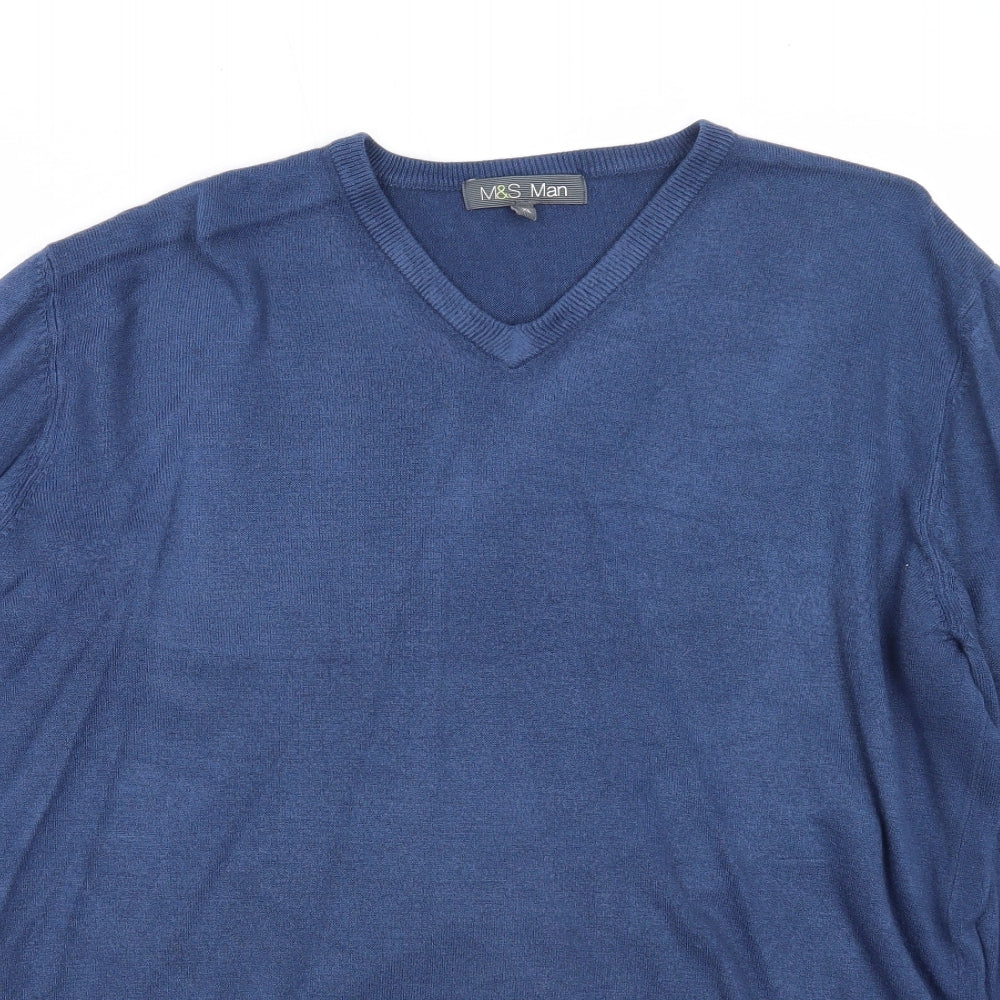 Marks and Spencer Mens Blue V-Neck Acrylic Pullover Jumper Size XL Long Sleeve