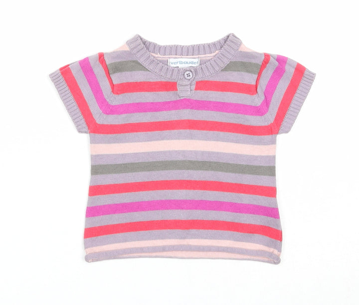 Vertbaudet Girls Multicoloured Striped Cotton Basic T-Shirt Size 3-6 Months Round Neck Button