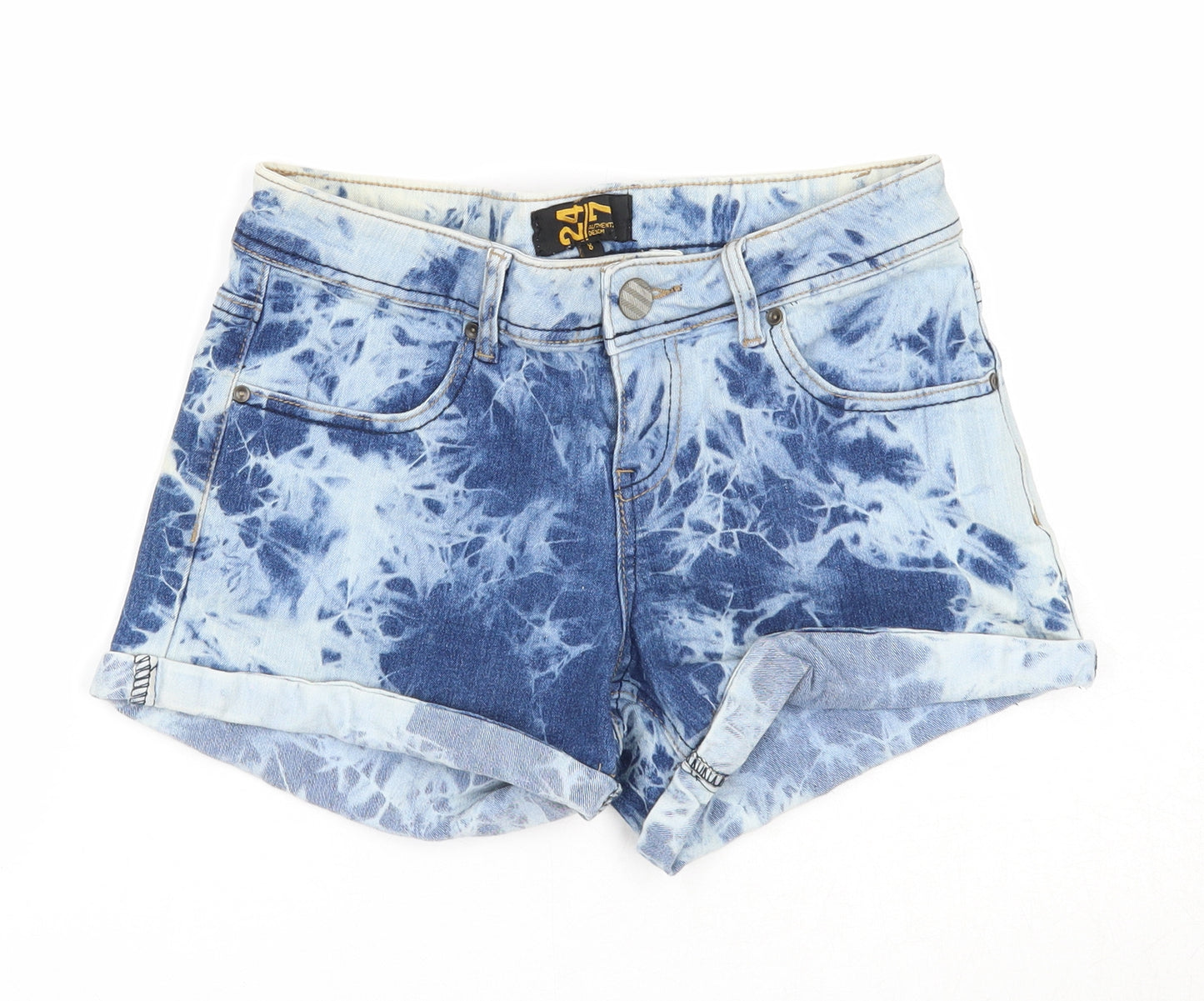 24/7 Authentic Denim Womens Blue Geometric Cotton Hot Pants Shorts Size 8 Regular Zip