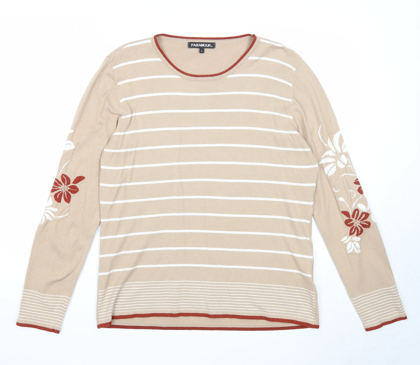 Paramour Womens Beige Round Neck Striped Viscose Pullover Jumper Size L - Flower Detail