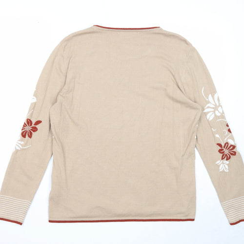 Paramour Womens Beige Round Neck Striped Viscose Pullover Jumper Size L - Flower Detail