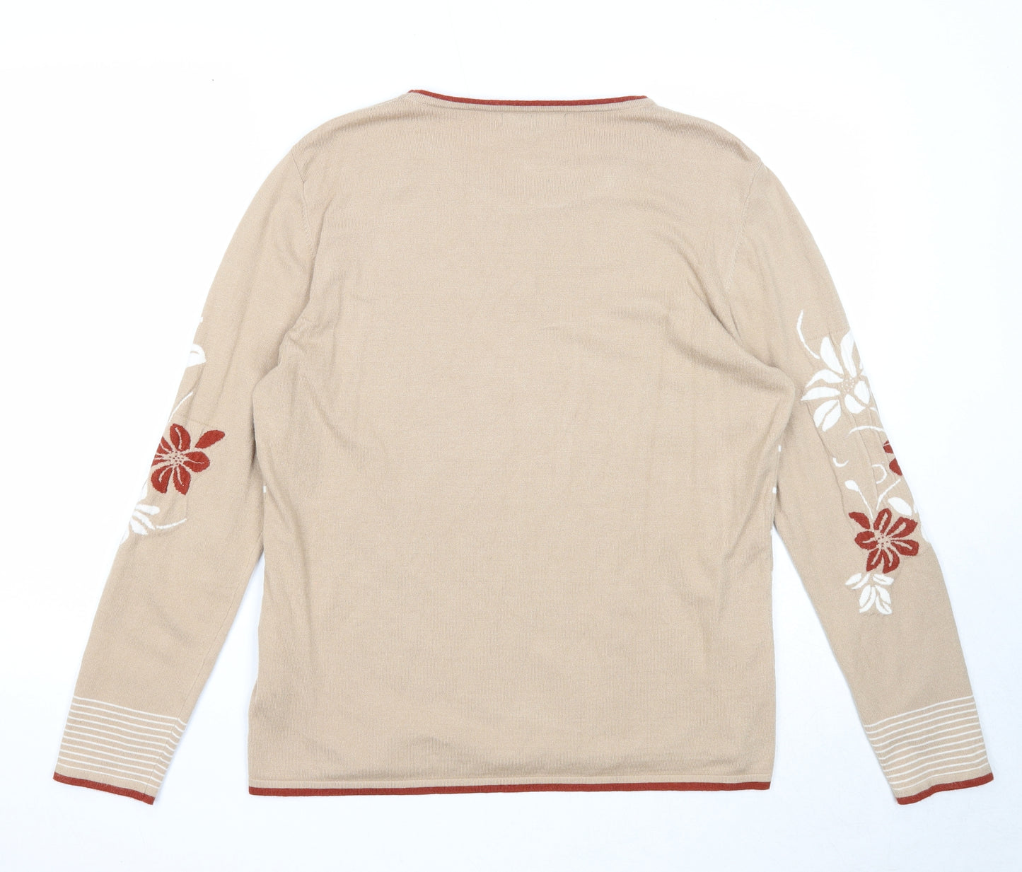 Paramour Womens Beige Round Neck Striped Viscose Pullover Jumper Size L - Flower Detail