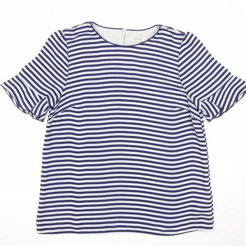 Oasis Womens Blue Striped Polyester Basic T-Shirt Size 14 Round Neck