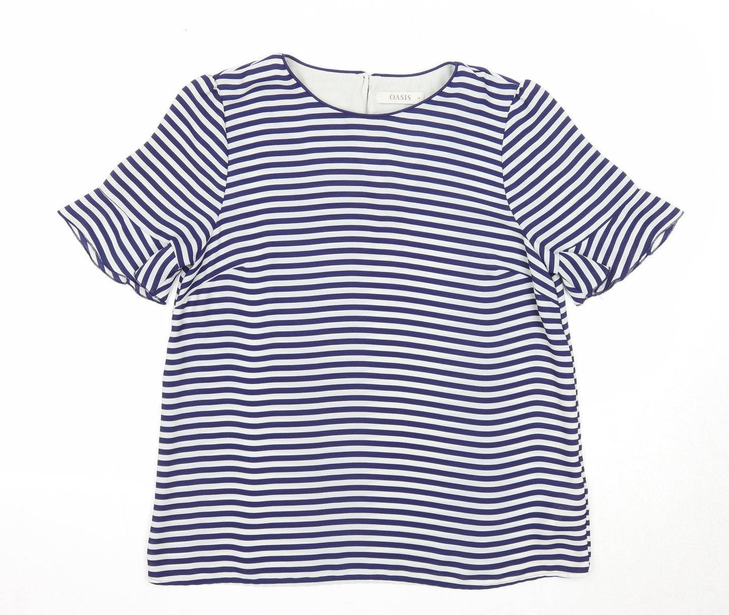 Oasis Womens Blue Striped Polyester Basic T-Shirt Size 14 Round Neck