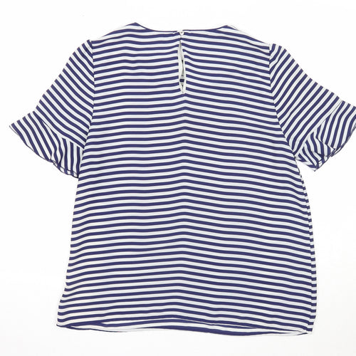 Oasis Womens Blue Striped Polyester Basic T-Shirt Size 14 Round Neck
