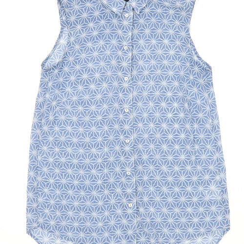 H&M Womens Blue Geometric Polyester Basic Button-Up Size 4 Collared
