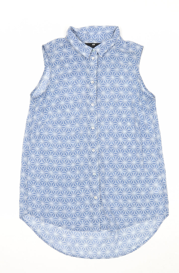 H&M Womens Blue Geometric Polyester Basic Button-Up Size 4 Collared