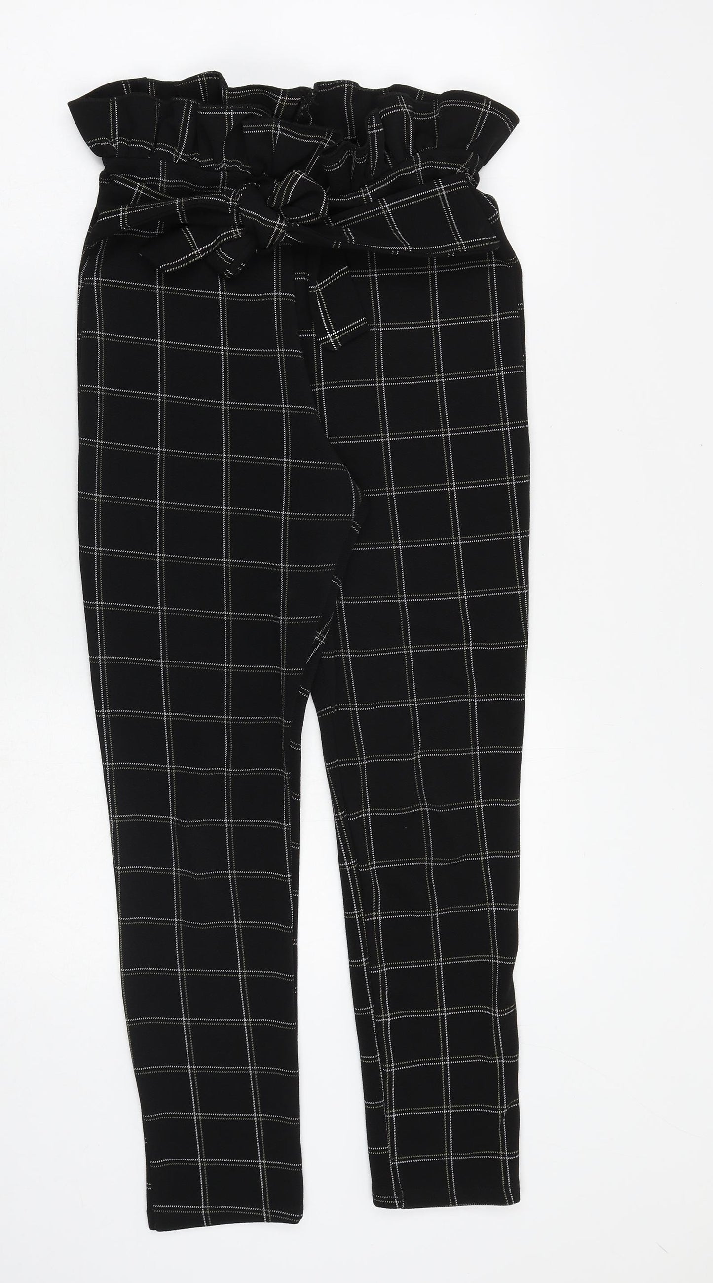 PRETTYLITTLETHING Womens Black Check Polyester Capri Trousers Size 8 Regular Zip - Paperbag Waist