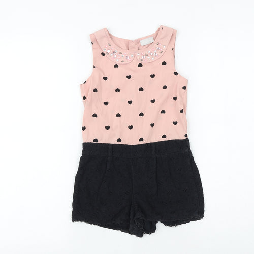 NEXT Girls Pink Geometric Cotton Romper One-Piece Size 7 Years Zip - Heart Pattern