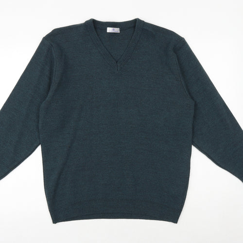 Essentials Mens Green V-Neck Acrylic Pullover Jumper Size M Long Sleeve