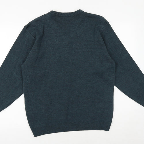Essentials Mens Green V-Neck Acrylic Pullover Jumper Size M Long Sleeve