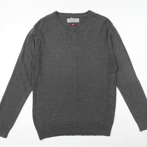 Twisted Soul Mens Grey V-Neck Acrylic Pullover Jumper Size M Long Sleeve
