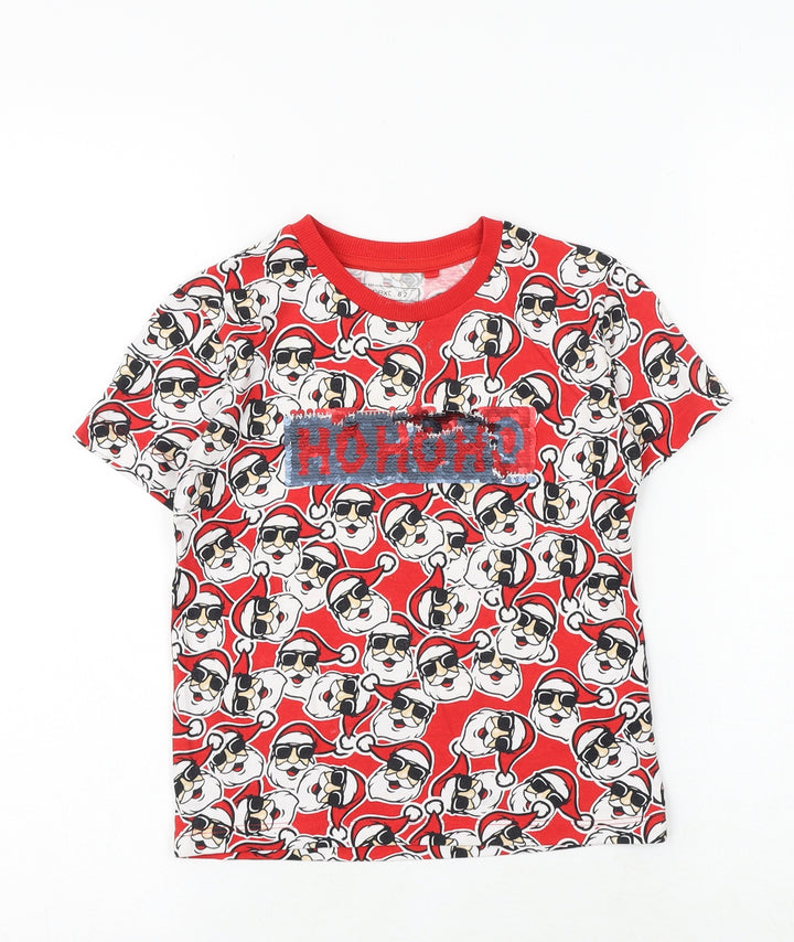 NEXT Boys Red Geometric 100% Cotton Basic T-Shirt Size 4 Years Round Neck Pullover - Father Christmas