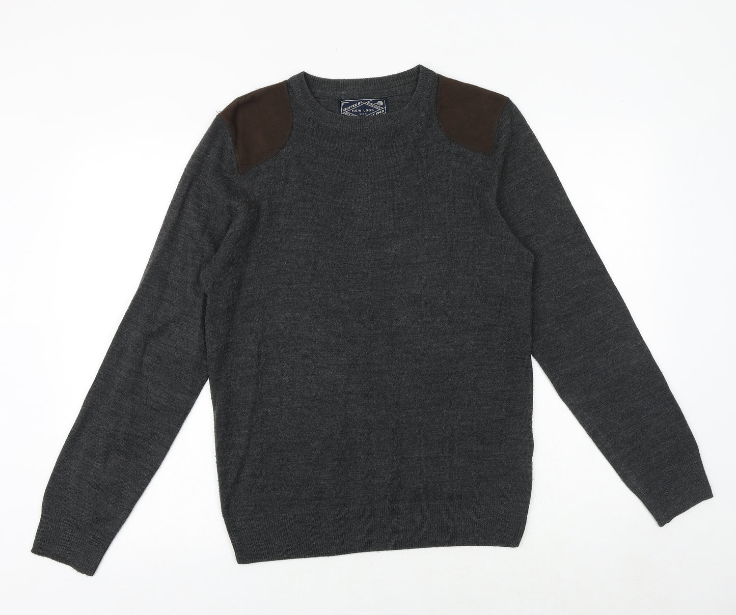 New Look Mens Grey Round Neck Acrylic Pullover Jumper Size S Long Sleeve