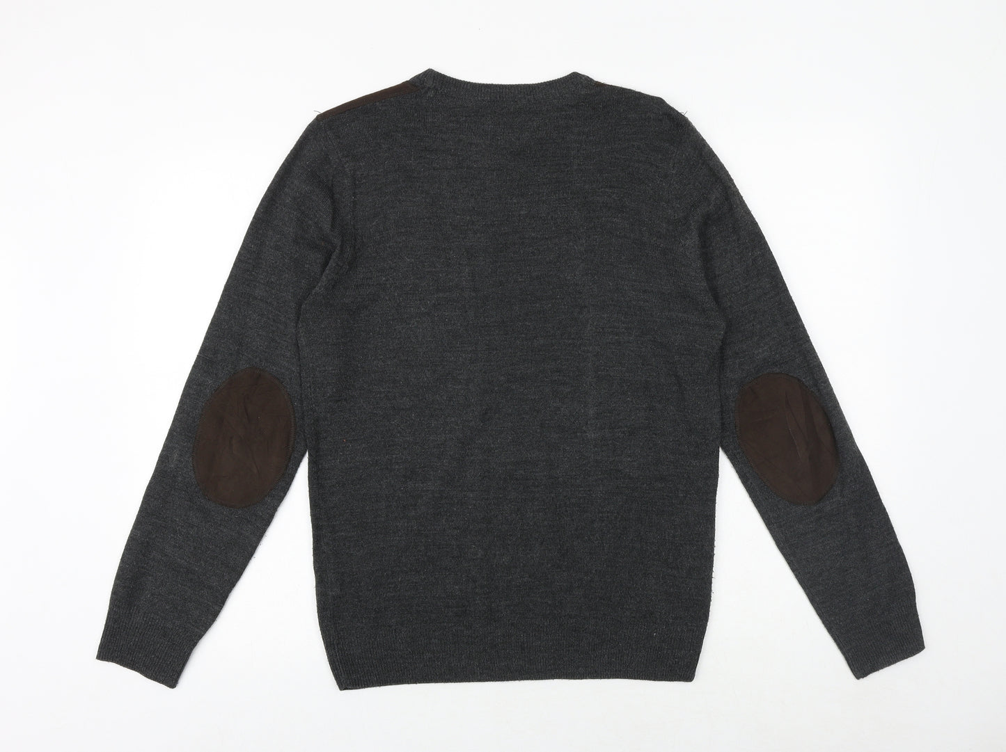 New Look Mens Grey Round Neck Acrylic Pullover Jumper Size S Long Sleeve