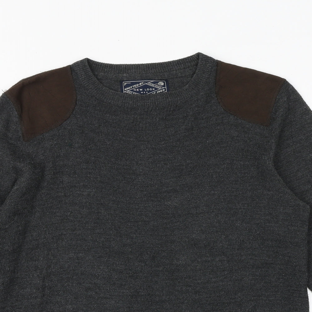 New Look Mens Grey Round Neck Acrylic Pullover Jumper Size S Long Sleeve