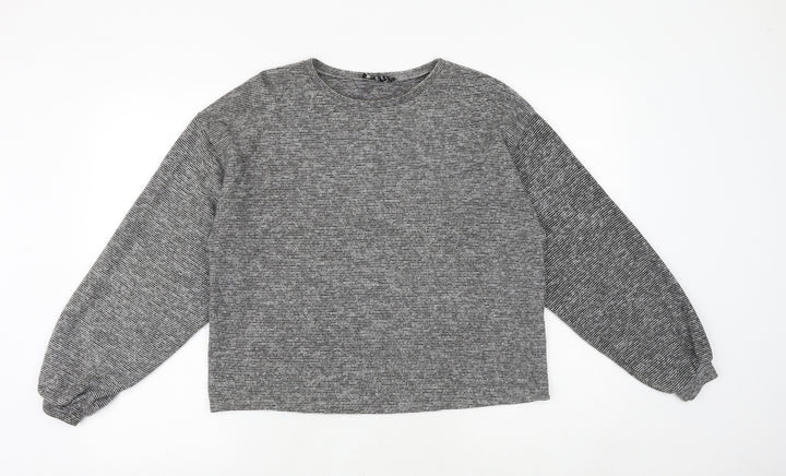New Look Womens Grey Herringbone Viscose Basic Blouse Size M Round Neck
