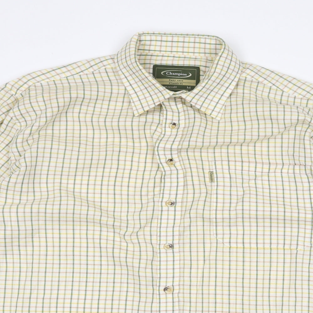 Champion Mens Beige Plaid Polyester Button-Up Size M Collared Button