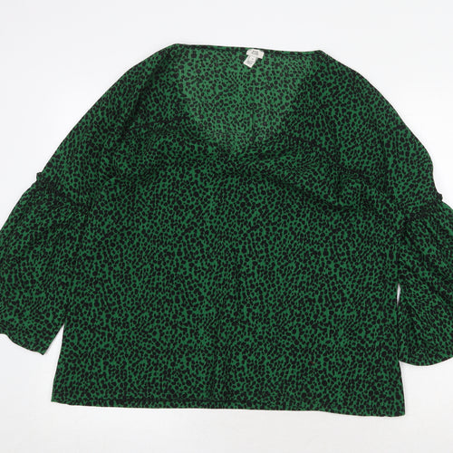 River Island Womens Green Animal Print Polyester Basic Blouse Size 10 V-Neck