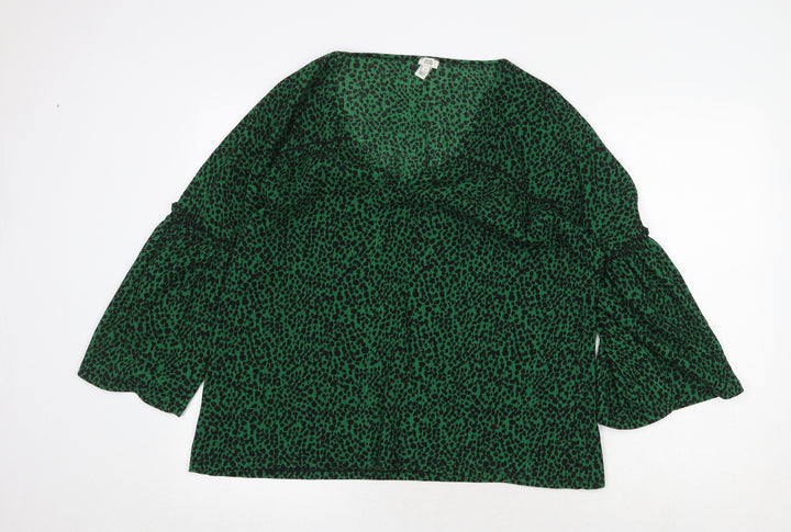 River Island Womens Green Animal Print Polyester Basic Blouse Size 10 V-Neck
